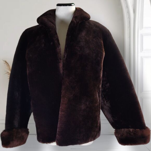 Vintage 50s Brown Faux Mouton Jacket Size MShort Coat Long Sleeve Pockets